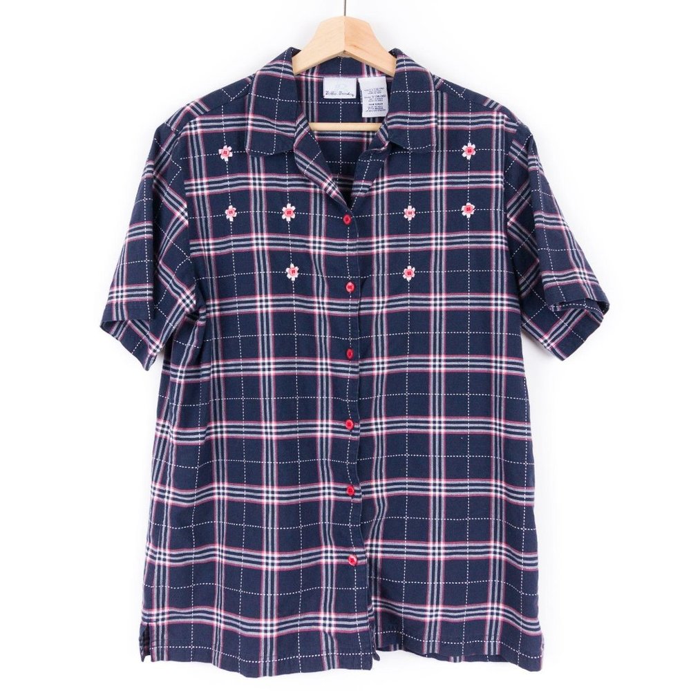 Bobbie Brooks Navy Blue Plaid Flower Embroidered
